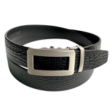 Black croco leather ratchet belt with gunmetal hollow frame buckle, front view