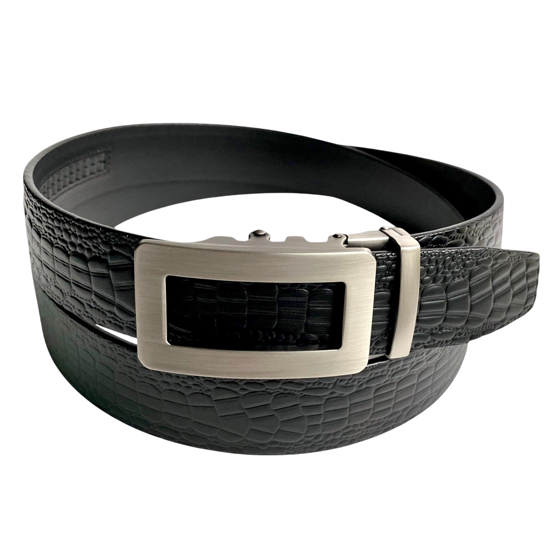 Black croco leather ratchet belt with gunmetal hollow frame buckle, front view