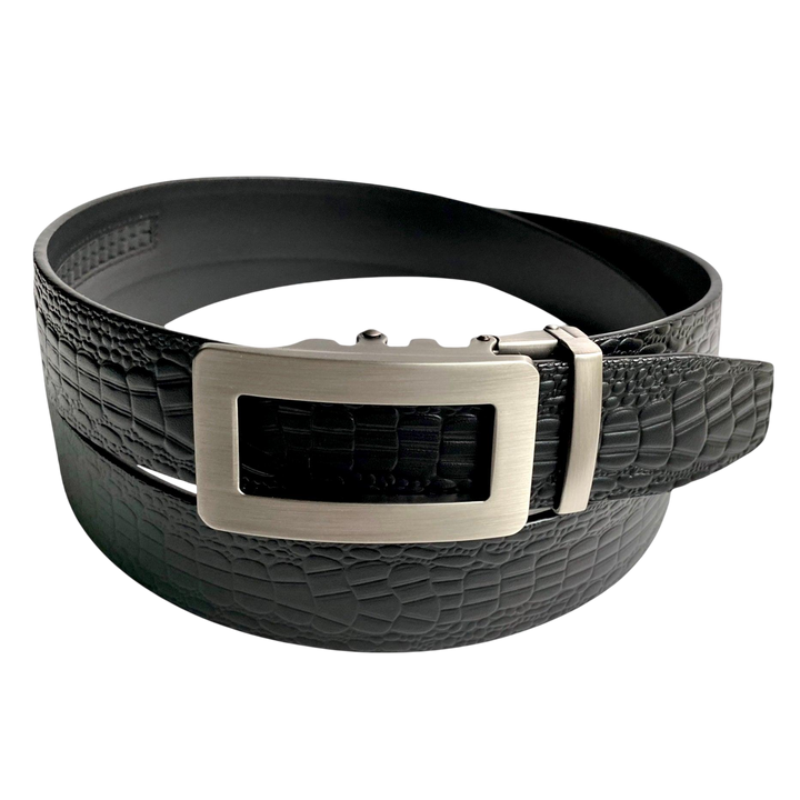 Black croco leather ratchet belt with gunmetal hollow frame buckle, front view