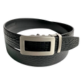 Black croco leather ratchet belt with gunmetal hollow frame buckle, front view