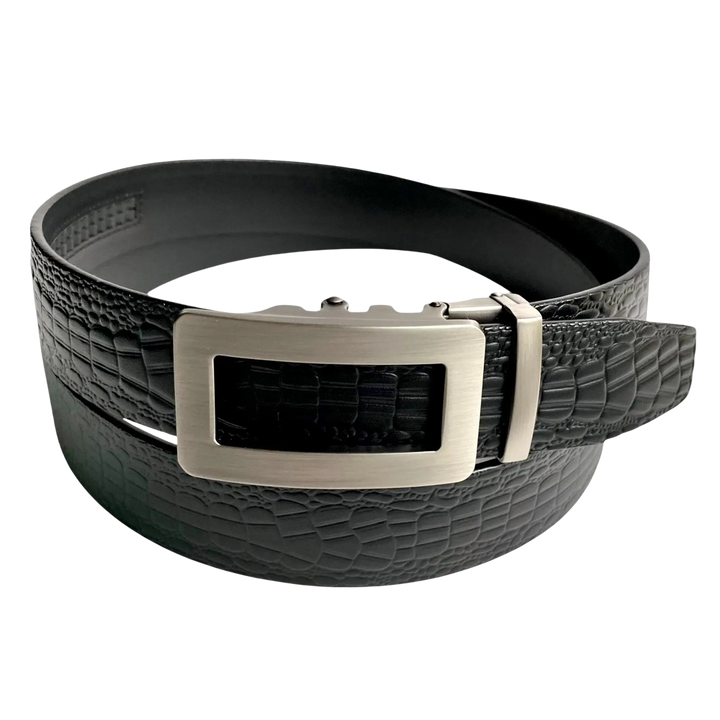 Black croco leather ratchet belt with gunmetal hollow frame buckle, front view