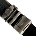 Black croco leather ratchet belt with gunmetal hollow frame buckle, hardware close-up