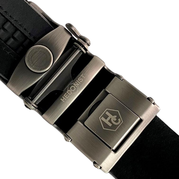 Black croco leather ratchet belt with gunmetal hollow frame buckle, hardware close-up