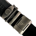 Black croco leather ratchet belt with gunmetal hollow frame buckle, hardware close-up