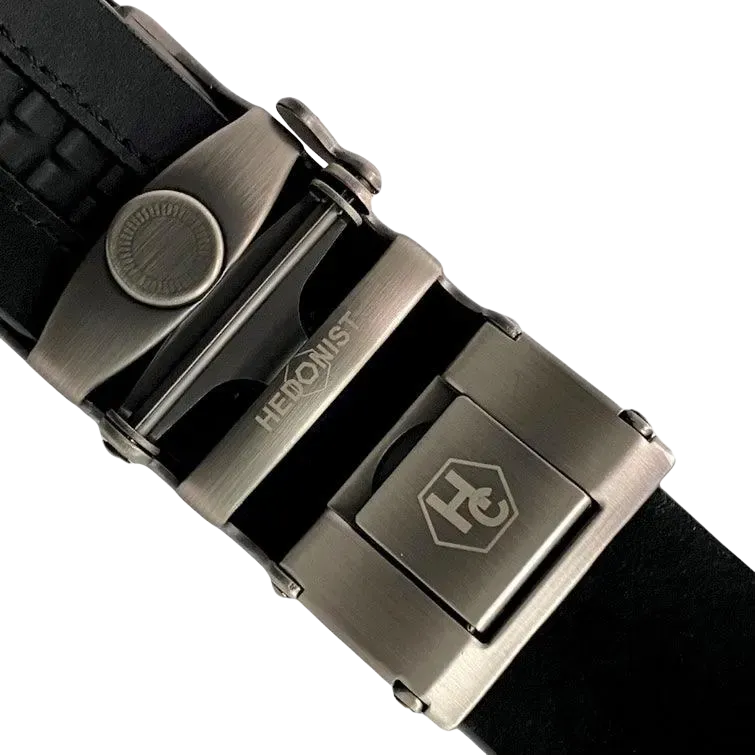 Black croco leather ratchet belt with gunmetal hollow frame buckle, hardware close-up