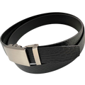 Black croco leather ratchet belt with gunmetal rectangle buckle, buckle detail close-up