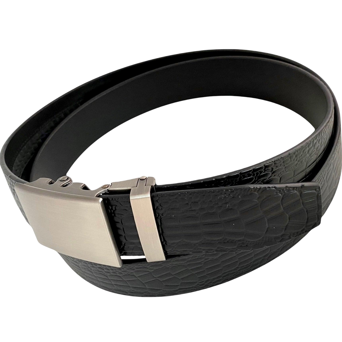 Black croco leather ratchet belt with gunmetal rectangle buckle, buckle detail close-up