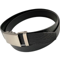 Black croco leather ratchet belt with gunmetal rectangle buckle, buckle detail close-up