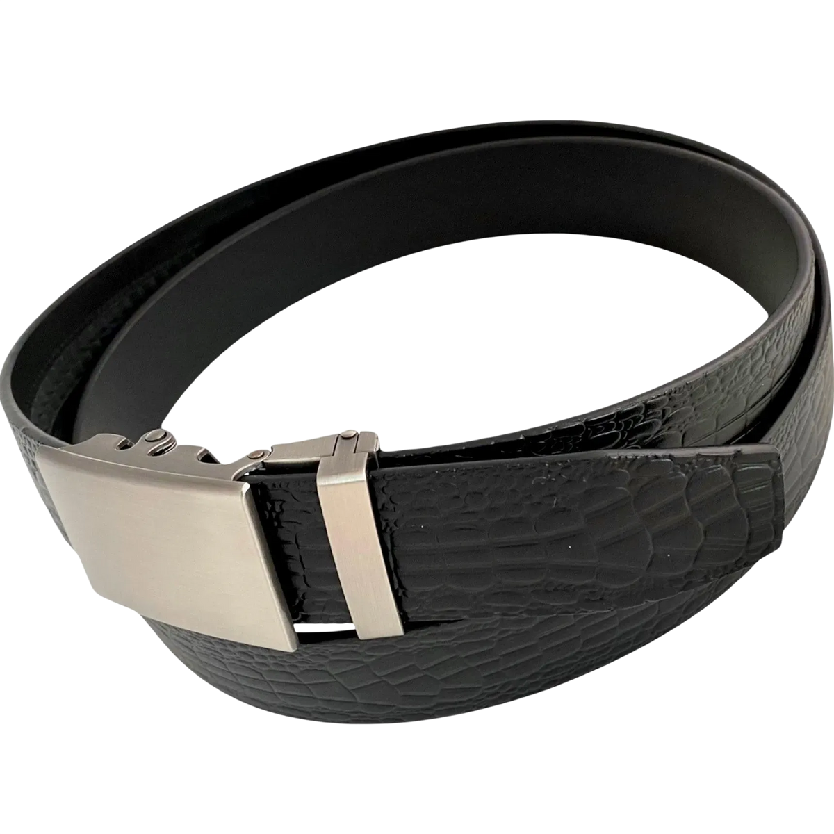 Black croco leather ratchet belt with gunmetal rectangle buckle, buckle detail close-up