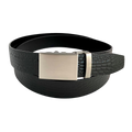 Black croco leather ratchet belt with gunmetal rectangle buckle, front view