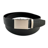Black croco leather ratchet belt with gunmetal rectangle buckle, front view
