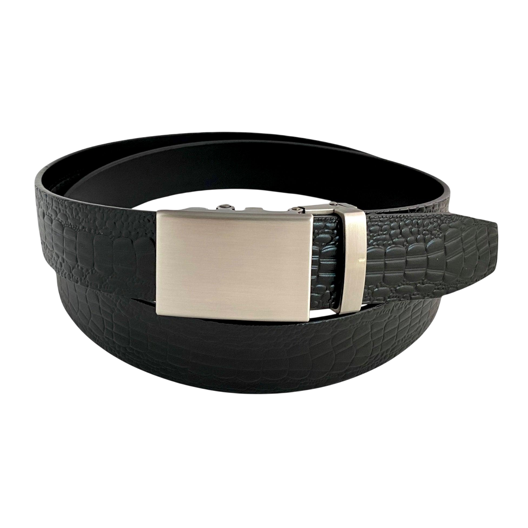 Black croco leather ratchet belt with gunmetal rectangle buckle, front view