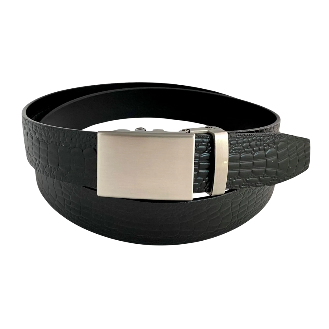 Black croco leather ratchet belt with gunmetal rectangle buckle, front view