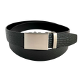 Black croco leather ratchet belt with gunmetal rectangle buckle, front view
