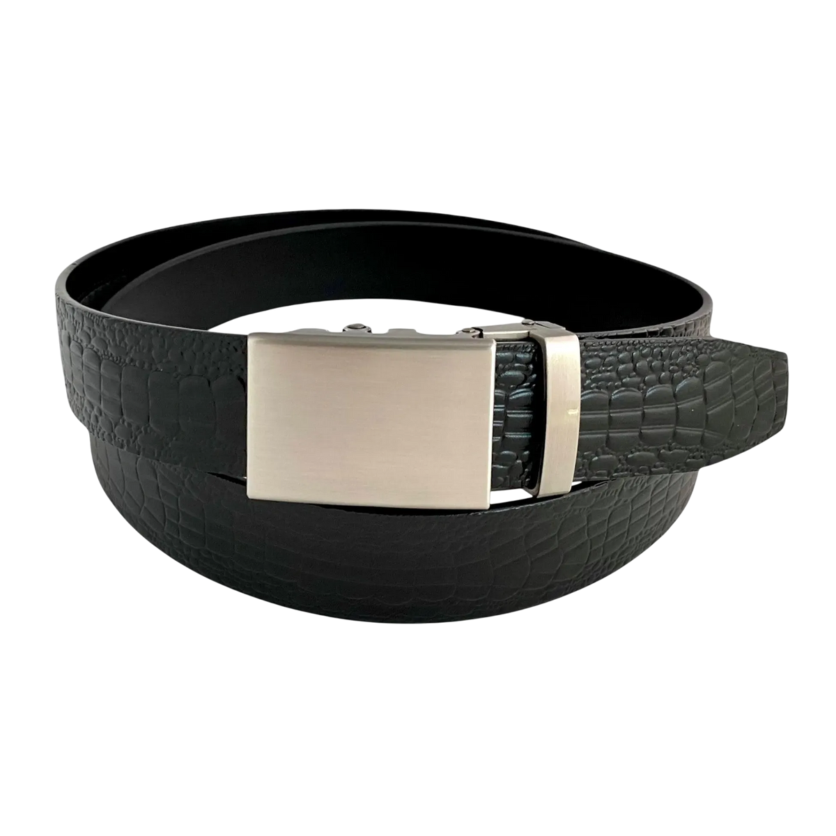 Black croco leather ratchet belt with gunmetal rectangle buckle, front view