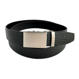 Black croco leather ratchet belt with gunmetal rectangle buckle, front view
