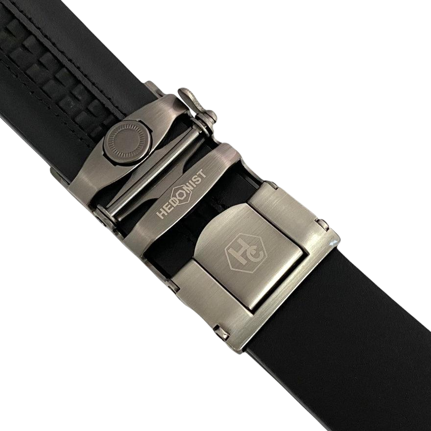 Black croco leather ratchet belt with gunmetal rectangle buckle, hardware close-up