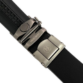 Black croco leather ratchet belt with gunmetal rectangle buckle, hardware close-up