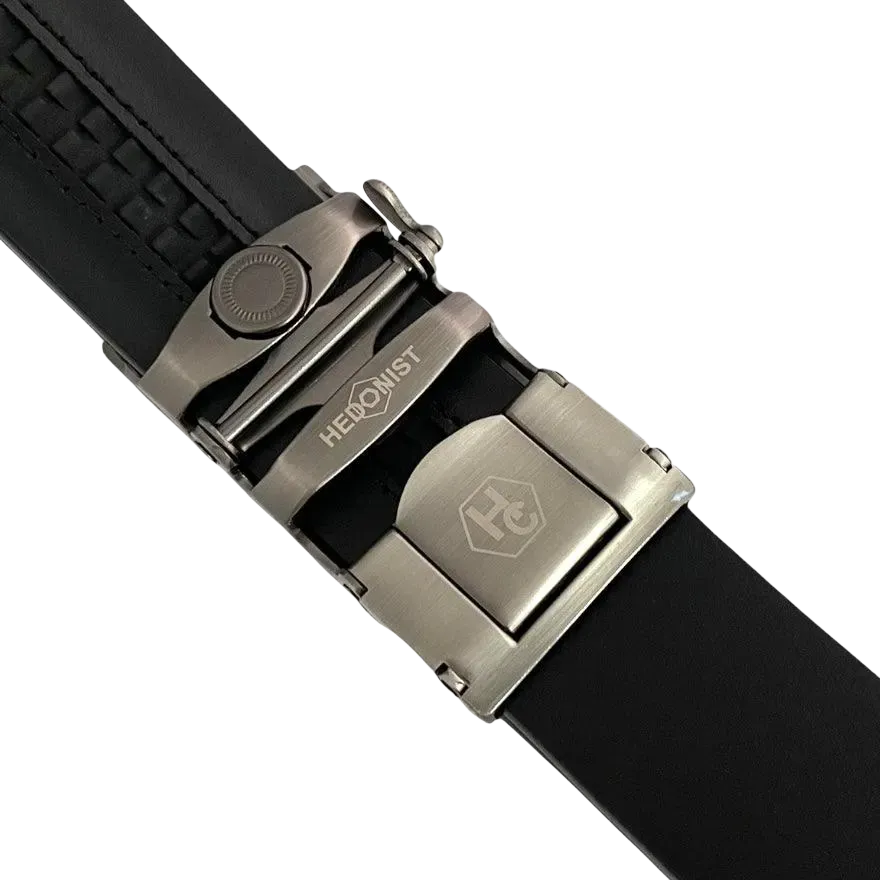 Black croco leather ratchet belt with gunmetal rectangle buckle, hardware close-up