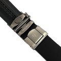 Black croco leather ratchet belt with gunmetal rectangle buckle, hardware close-up