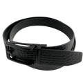 Black croco leather ratchet belt with black hollow frame buckle, buckle detail close-up