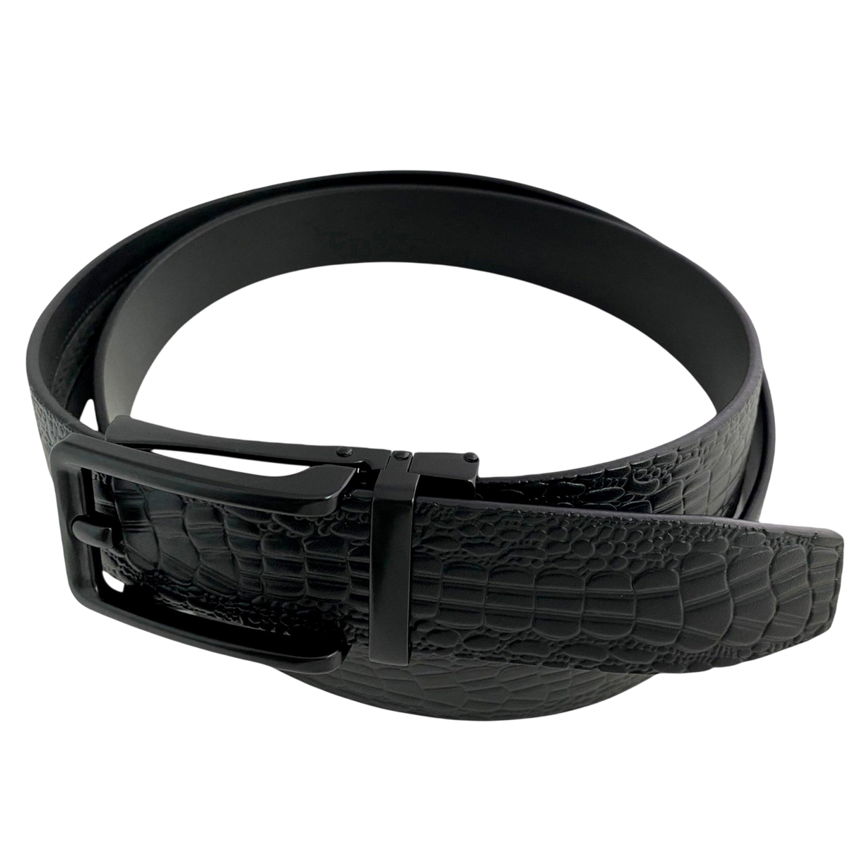 Black croco leather ratchet belt with black hollow frame buckle, buckle detail close-up