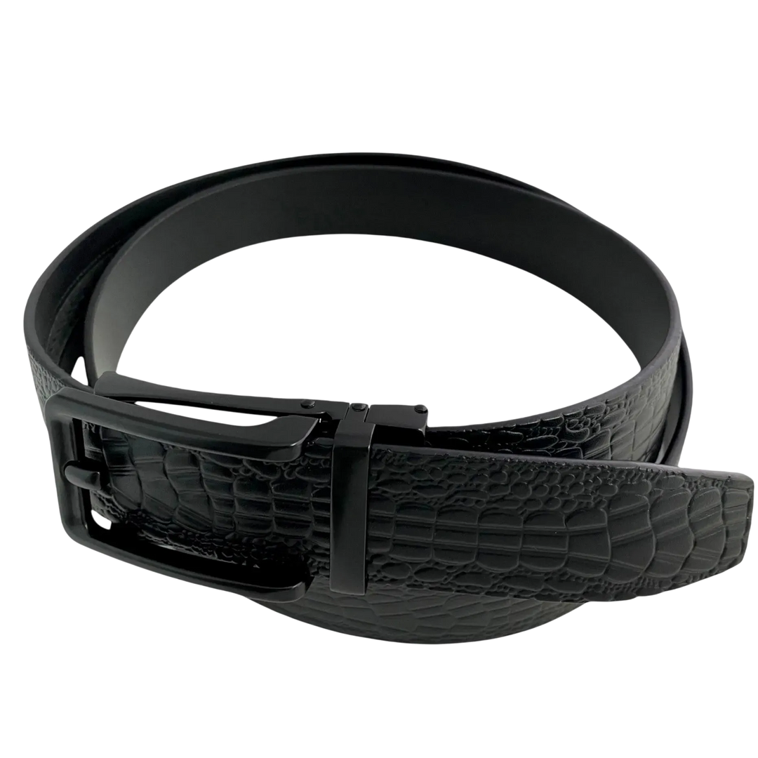 Black croco leather ratchet belt with black hollow frame buckle, buckle detail close-up