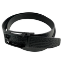 Black croco leather ratchet belt with black hollow frame buckle, buckle detail close-up