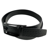 Black croco leather ratchet belt with black hollow frame buckle, buckle detail close-up