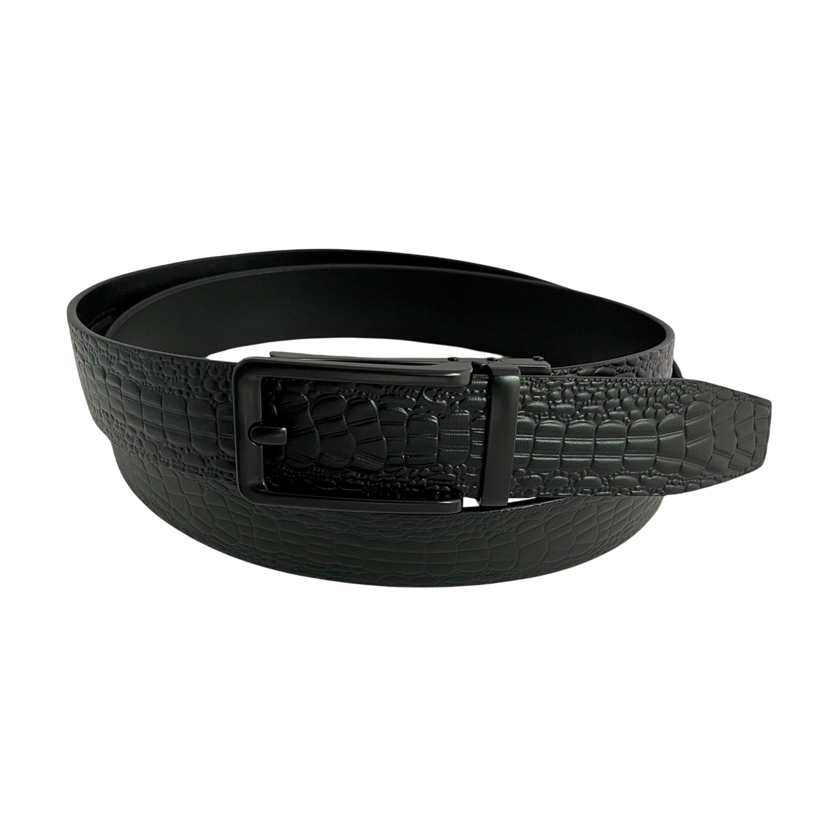 Black croco leather ratchet belt with black hollow frame buckle, front view