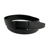 Black croco leather ratchet belt with black hollow frame buckle, front view