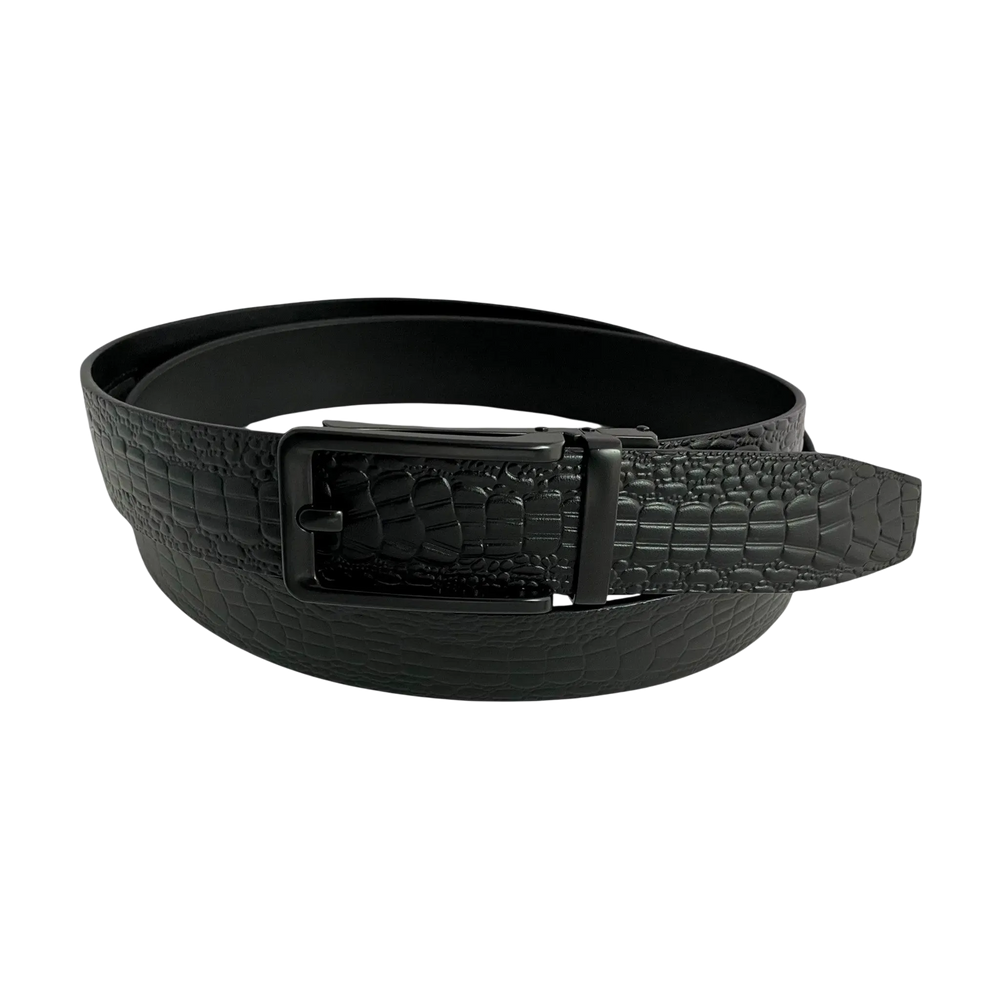 Black croco leather ratchet belt with black hollow frame buckle, front view