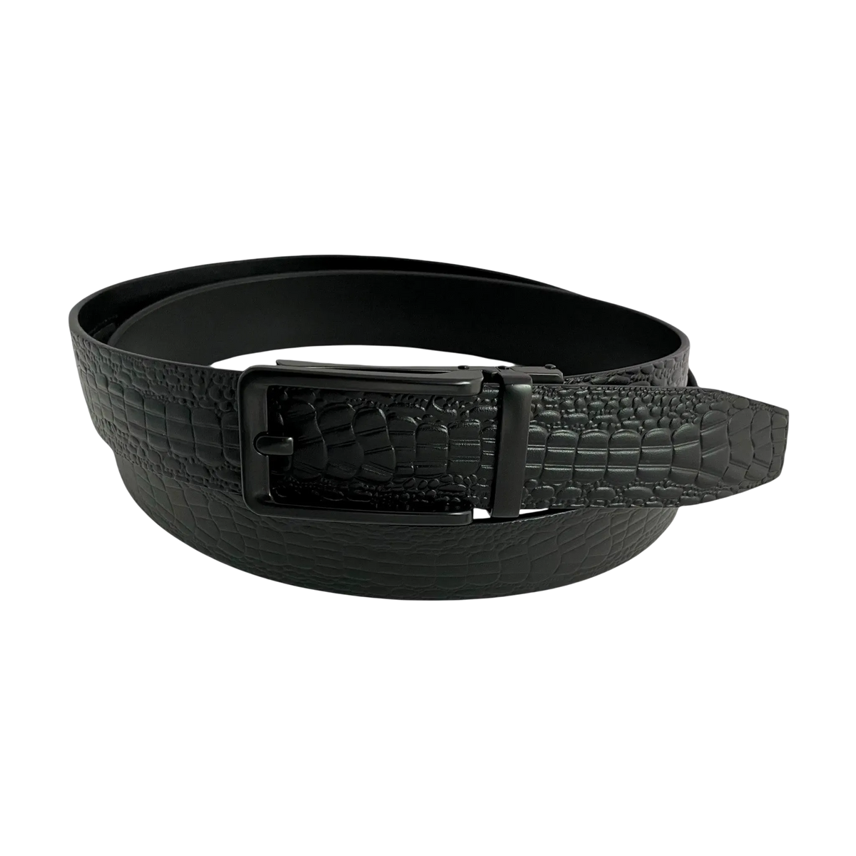 Black croco leather ratchet belt with black hollow frame buckle, front view