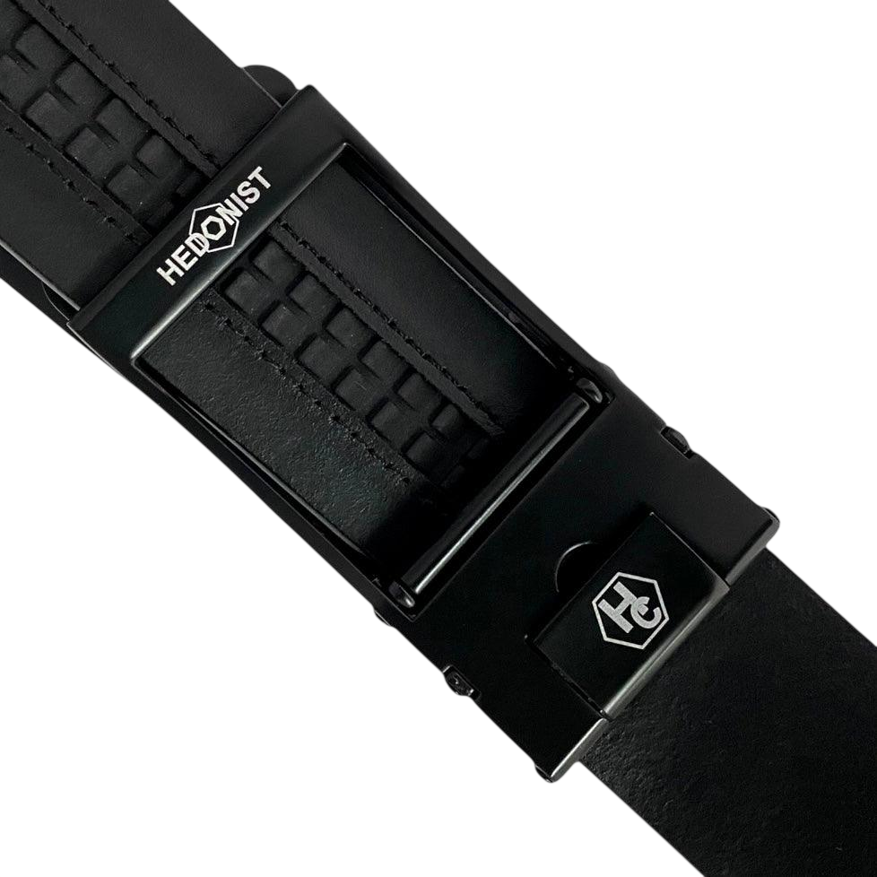 Black croco leather ratchet belt with black hollow frame buckle, hardware close-up