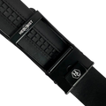 Black croco leather ratchet belt with black hollow frame buckle, hardware close-up