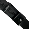 Black croco leather ratchet belt with black hollow frame buckle, hardware close-up