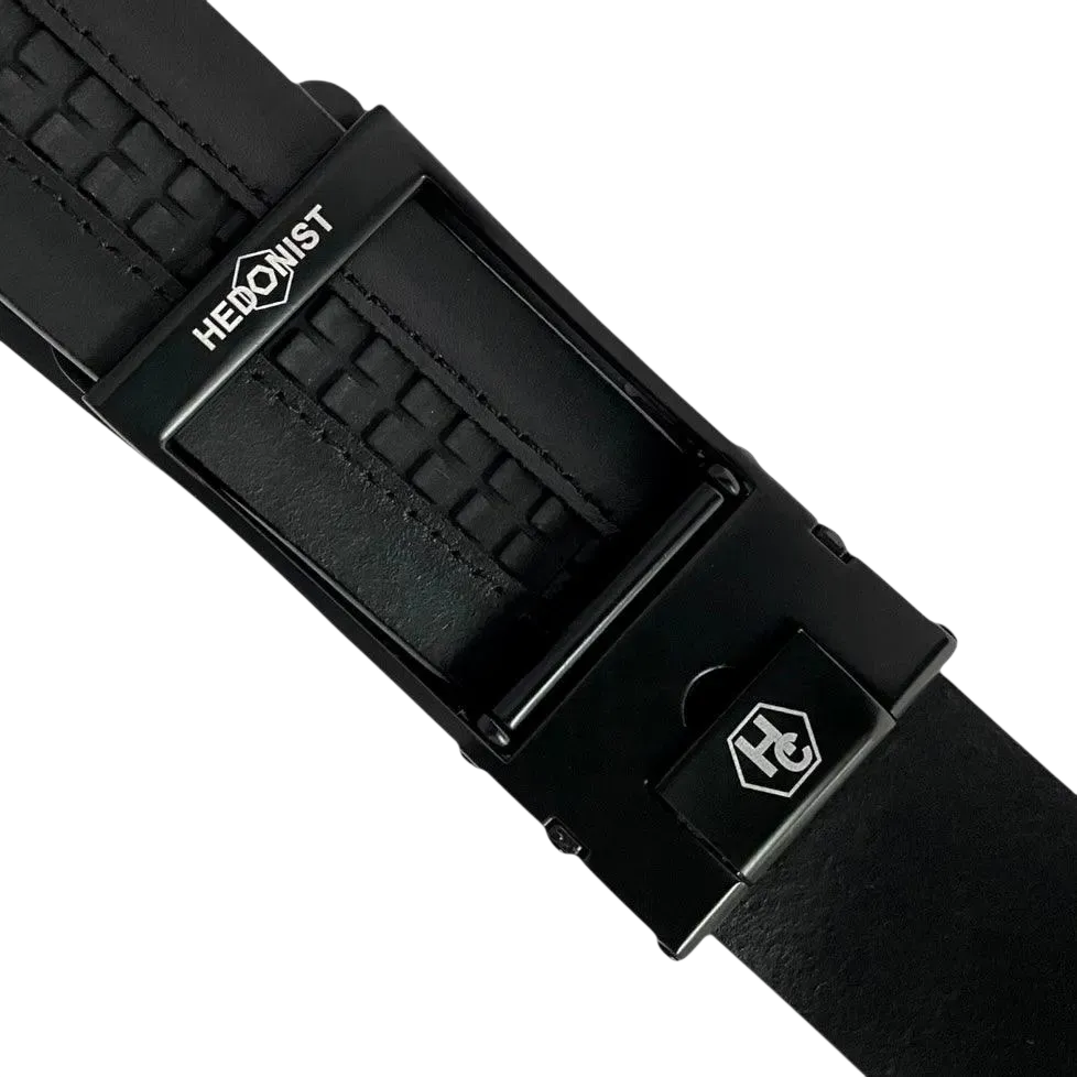 Black croco leather ratchet belt with black hollow frame buckle, hardware close-up