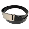 Black croco leather ratchet belt with long gunmetal rectangle buckle, buckle detail close-up