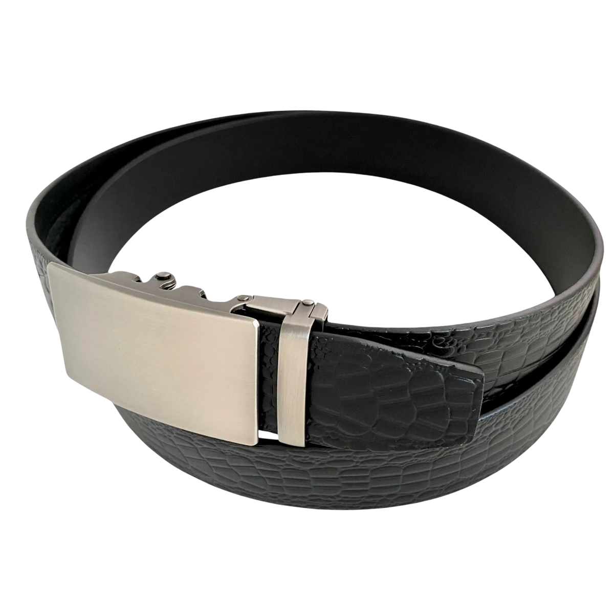 Black croco leather ratchet belt with long gunmetal rectangle buckle, buckle detail close-up