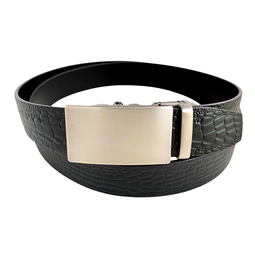 Black croco leather ratchet belt with long gunmetal rectangle buckle, front view