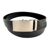 Black croco leather ratchet belt with long gunmetal rectangle buckle, front view