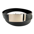 Black croco leather ratchet belt with long gunmetal rectangle buckle, front view