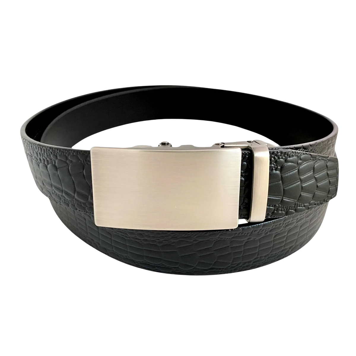 Black croco leather ratchet belt with long gunmetal rectangle buckle, front view
