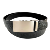 Black croco leather ratchet belt with long gunmetal rectangle buckle, front view
