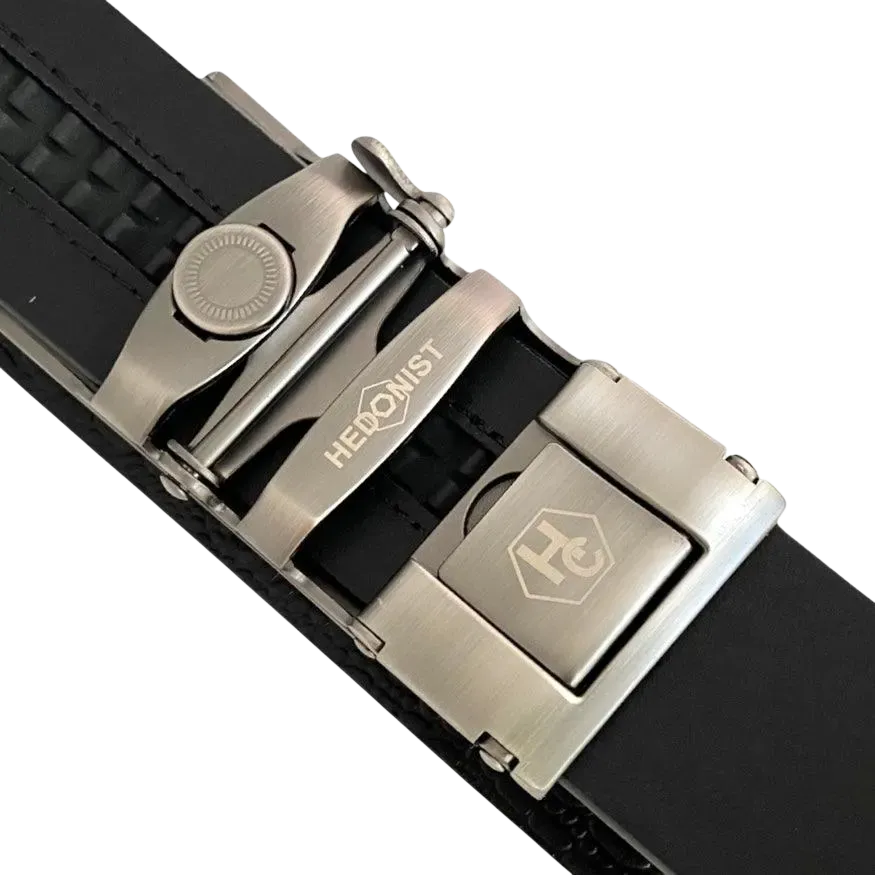 Black croco leather ratchet belt with long gunmetal rectangle buckle, hardware close-up