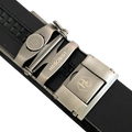 Black croco leather ratchet belt with long gunmetal rectangle buckle, hardware close-up