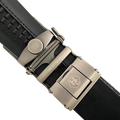 Black croco leather ratchet belt with silver buckle, buckle close-up