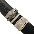 Black croco leather ratchet belt with silver buckle, buckle close-up
