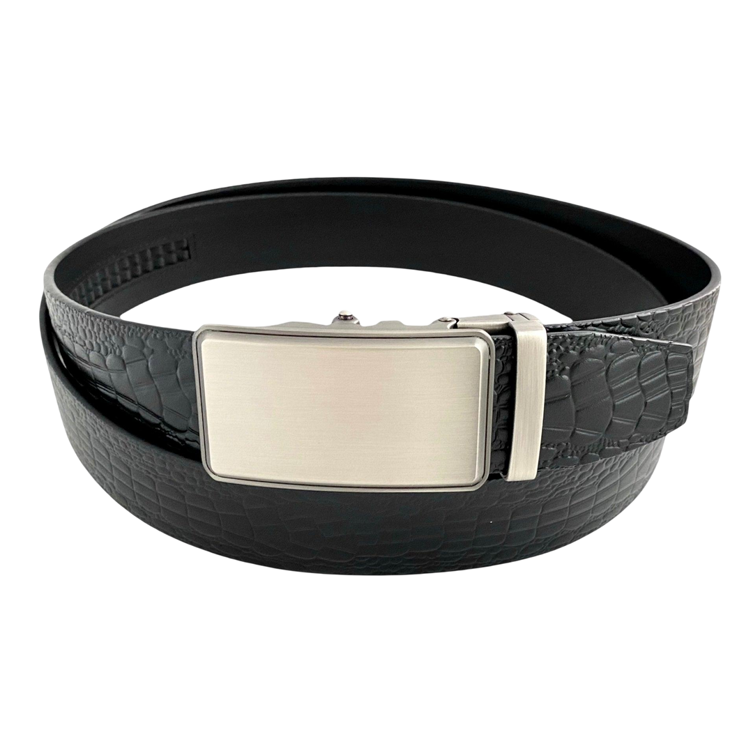 Black croco leather ratchet belt with silver buckle, front view