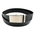 Black croco leather ratchet belt with silver buckle, front view